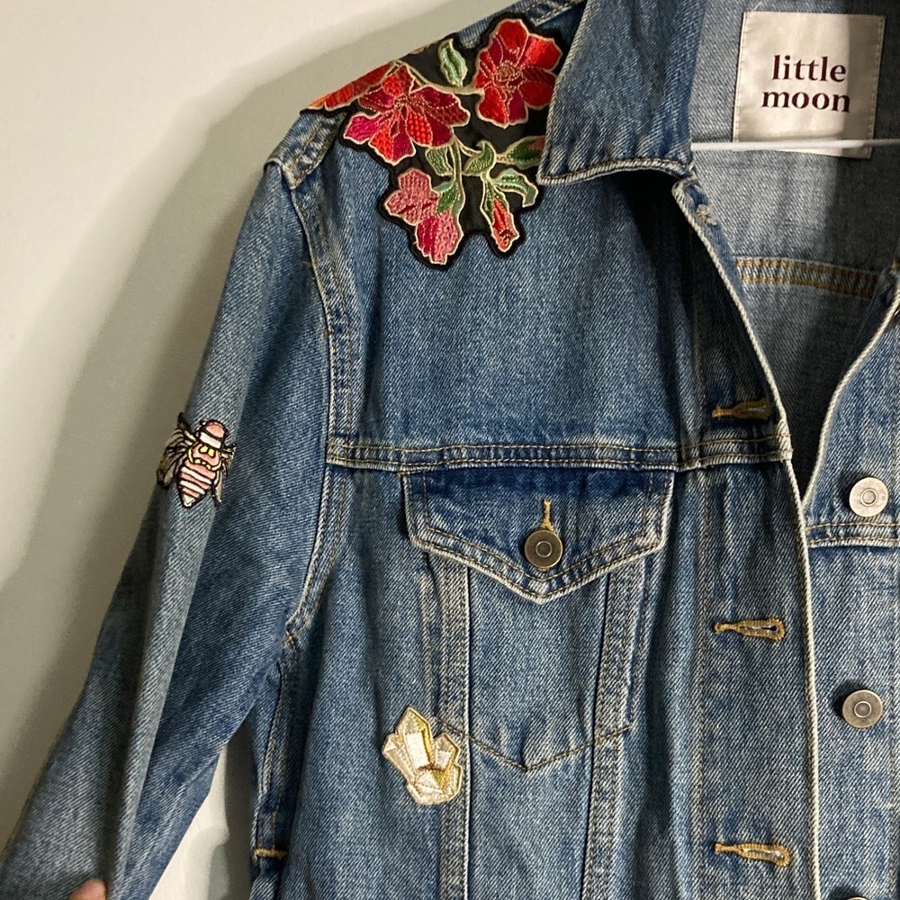 Aritzia Little Moon Dianthus Blue Denim Jacket with Colorful patchwork small - Picture 4 of 11